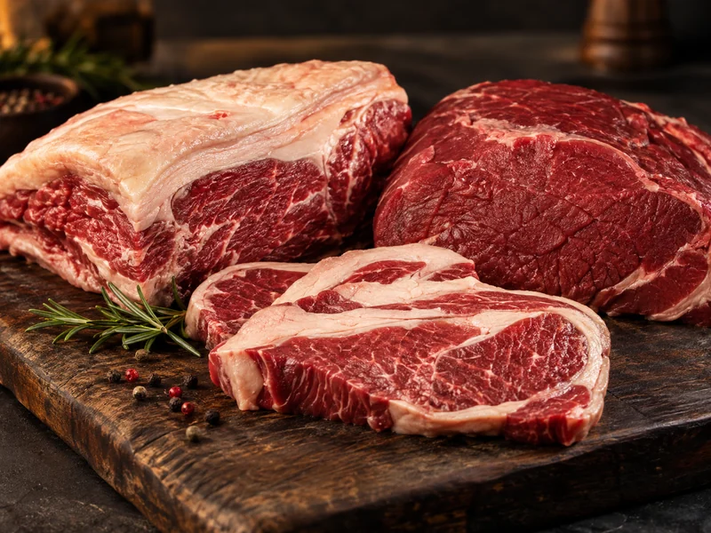 Imagem ilustrativa de cortes de carne crua, apresentados sobre uma tábua.