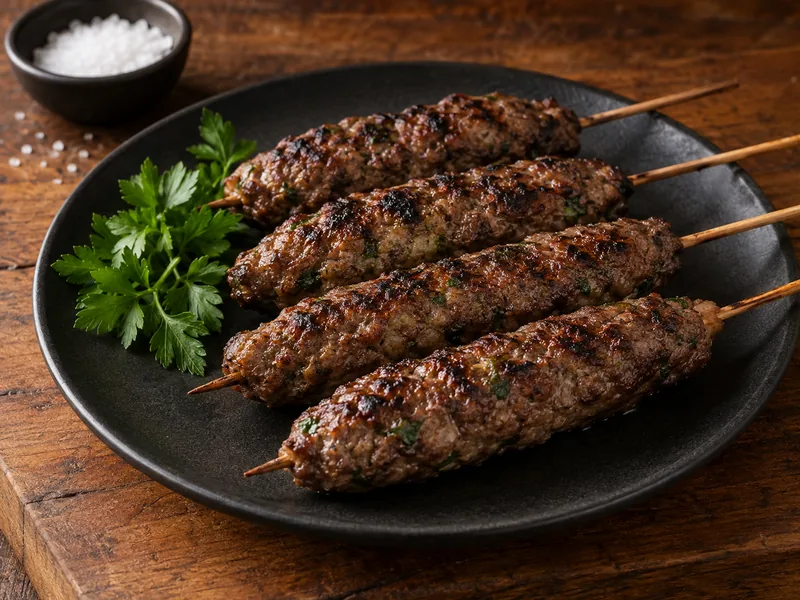 Kaftas em espetos, grelhadas sobre um prato escuro, imagem ilustrativa.